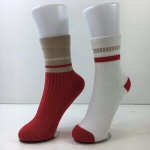 Womens Crew Socks Set 2 Stripes Red White Tan